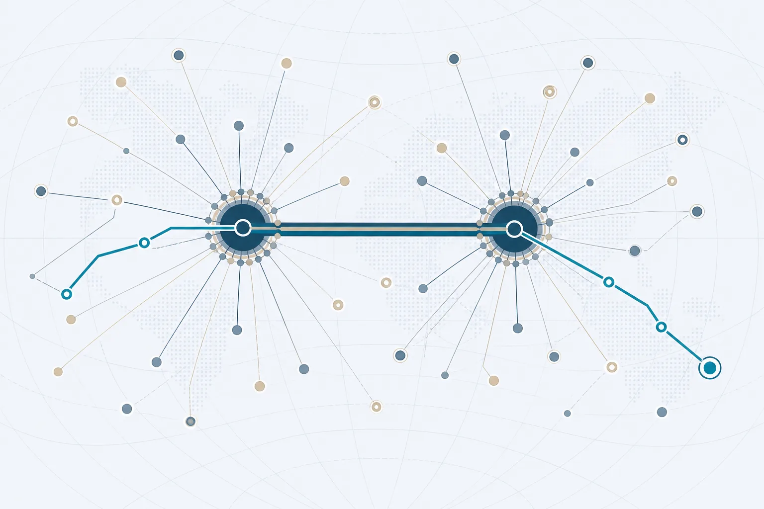 Abstract hub-and-spoke network diagram: a dense central sorting node with radiating routes, one highlighted path doubling back through a secondary regional node before reaching a terminal point