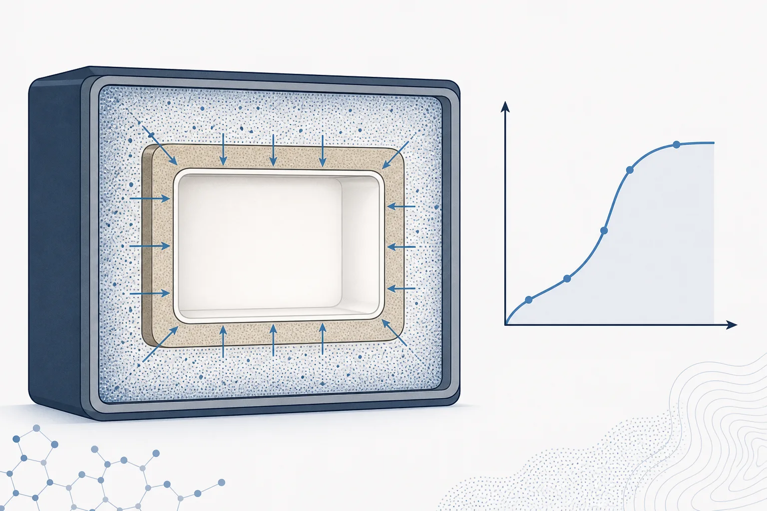Abstract cutaway illustration of nested rectangular enclosures, the innermost shaded dry and the outer layers shaded with dense humid stippling, with arrows showing water vapour permeating inward through the barrier wall