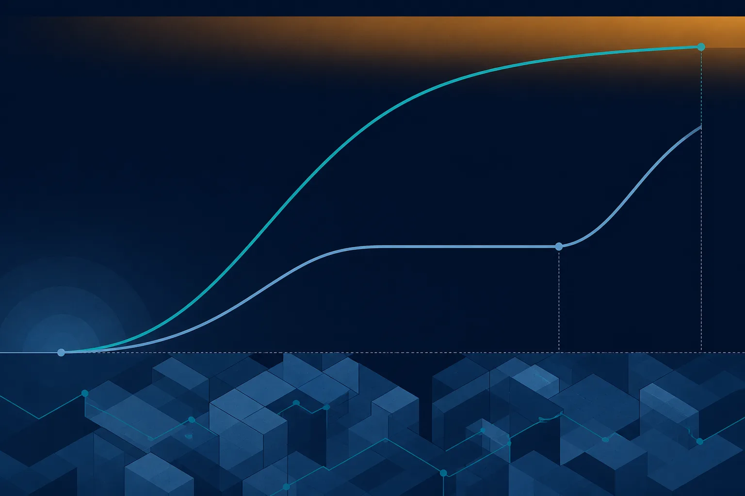 Two abstract warming curves rising from a cold baseline toward a warm ceiling, one steep and one held flat for a long stretch by a plateau, drawn above a field of tessellated blocks representing stored thermal mass
