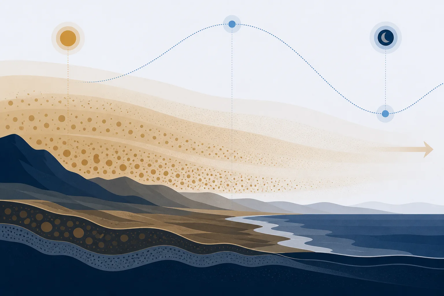 Abstract illustration of a stratified dust-laden air layer moving over terrain toward a coastline, with graded particle-size bands and an overlaid day-night temperature curve.