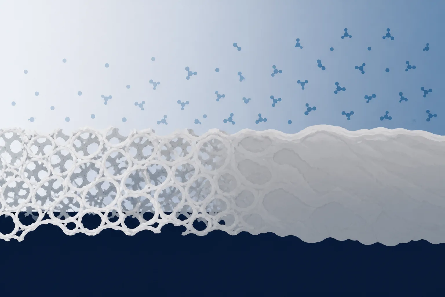 Abstract cross-section illustration of a porous glassy matrix at left densifying into a slumped, collapsed mass at right, suggesting the structural effect of rising water content.