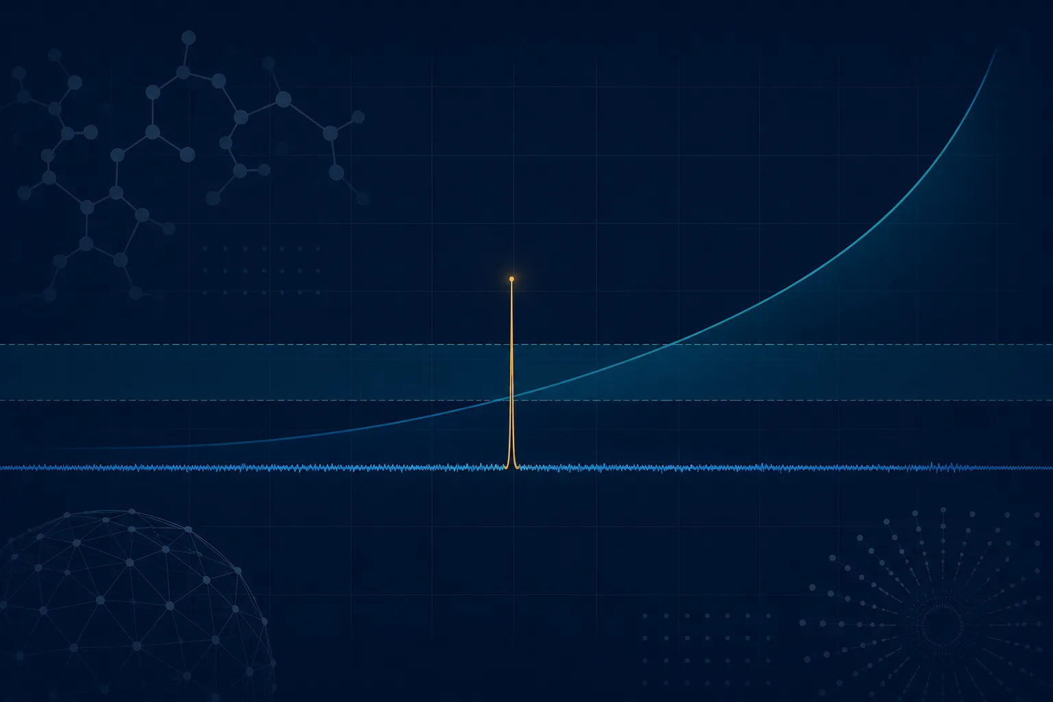 Abstract illustration of a long flat temperature trace interrupted by a narrow tall spike, set against a steeply rising exponential weighting curve, showing how a brief peak contributes disproportionately to a cumulative thermal calculation