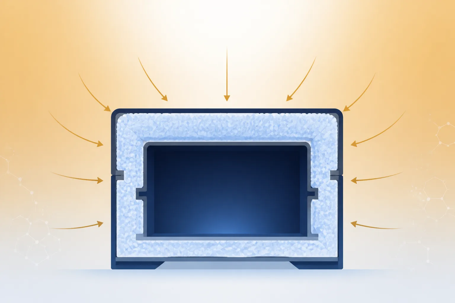 Abstract cross-section illustration of an insulated cold cavity surrounded by a thermal reserve layer, with heat-flux arrows entering from a warm outer field and a solar irradiance gradient above