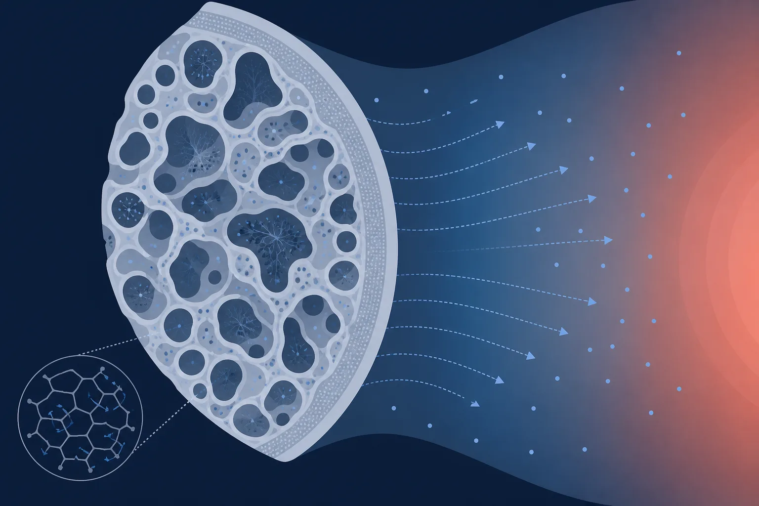 Schematic cross-section of a porous amorphous freeze-dried matrix with directional arrows showing water vapour diffusing inward across a sealed boundary, set against a warm thermal gradient.
