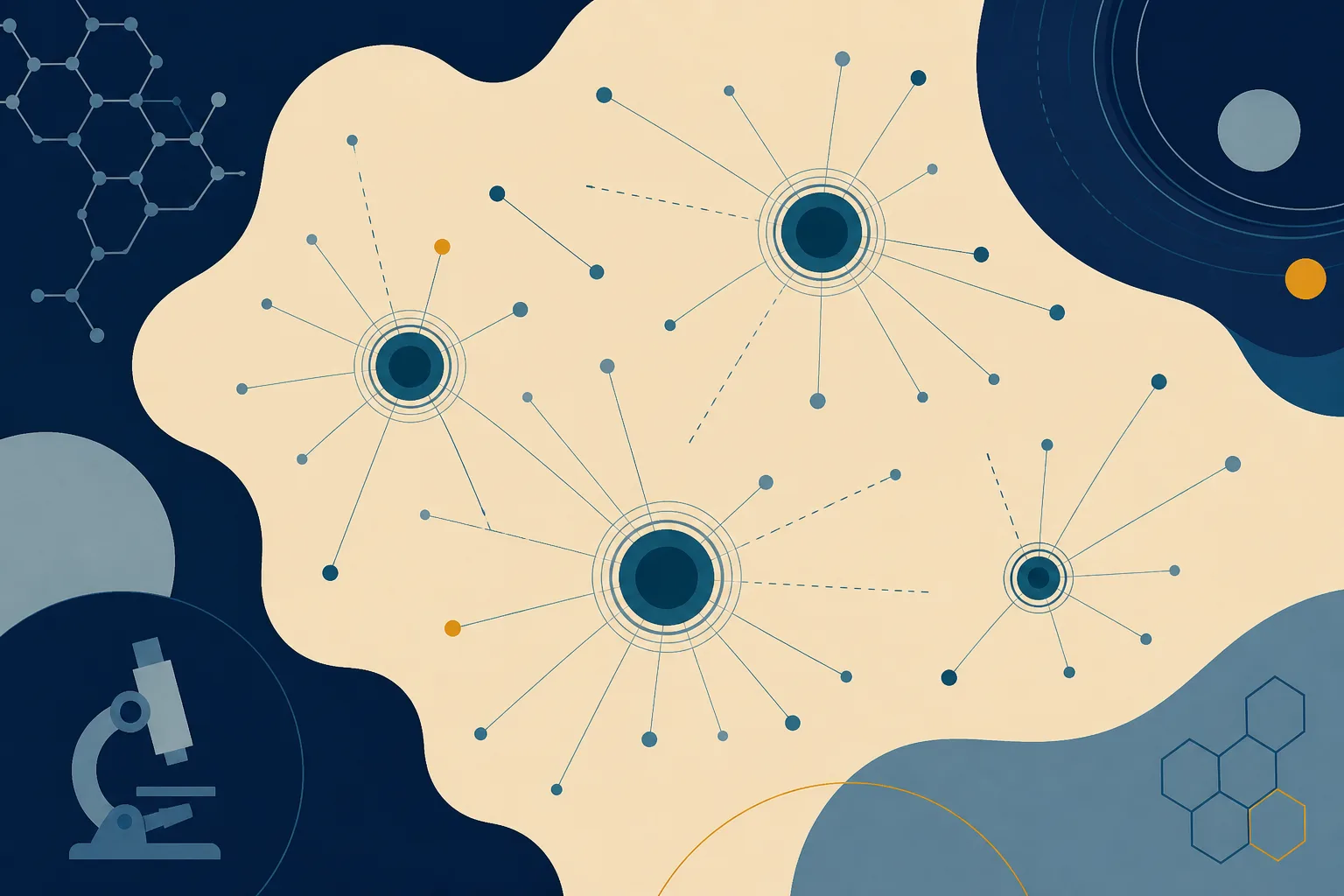 Abstract map-like diagram of a continent-shaped field with a few dense instrument nodes drawn as concentric rings, thin booking lines radiating outward to many small unequipped points, and several dashed lines that terminate before reaching a node
